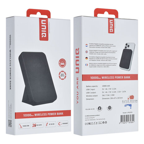 Je ziet een draadloze powerbank met een capaciteit van 10.000 mAh. Het hoofddoel is het onderweg of op kantoor bijladen van je smartphone zonder stopcontact. De zwarte behuizing voelt mat en licht rubberachtig aan, heeft afgeronde hoeken en een uitschuifbaar voetje zodat je je telefoon in landschapsstand kunt neerzetten. Je gebruikt hem op reis, tijdens het wachten op het station of gewoon op je bureau voor snelle extra energie. Hij past bij iedereen die veel onderweg is, van studenten tot professionals. Uniek is de combinatie van bedraad opladen via USB-C Power Delivery tot 22 W en Wireless Charging tot 15 W, plus de geïntegreerde uitschuifbare standaard voor handsfree video’s.