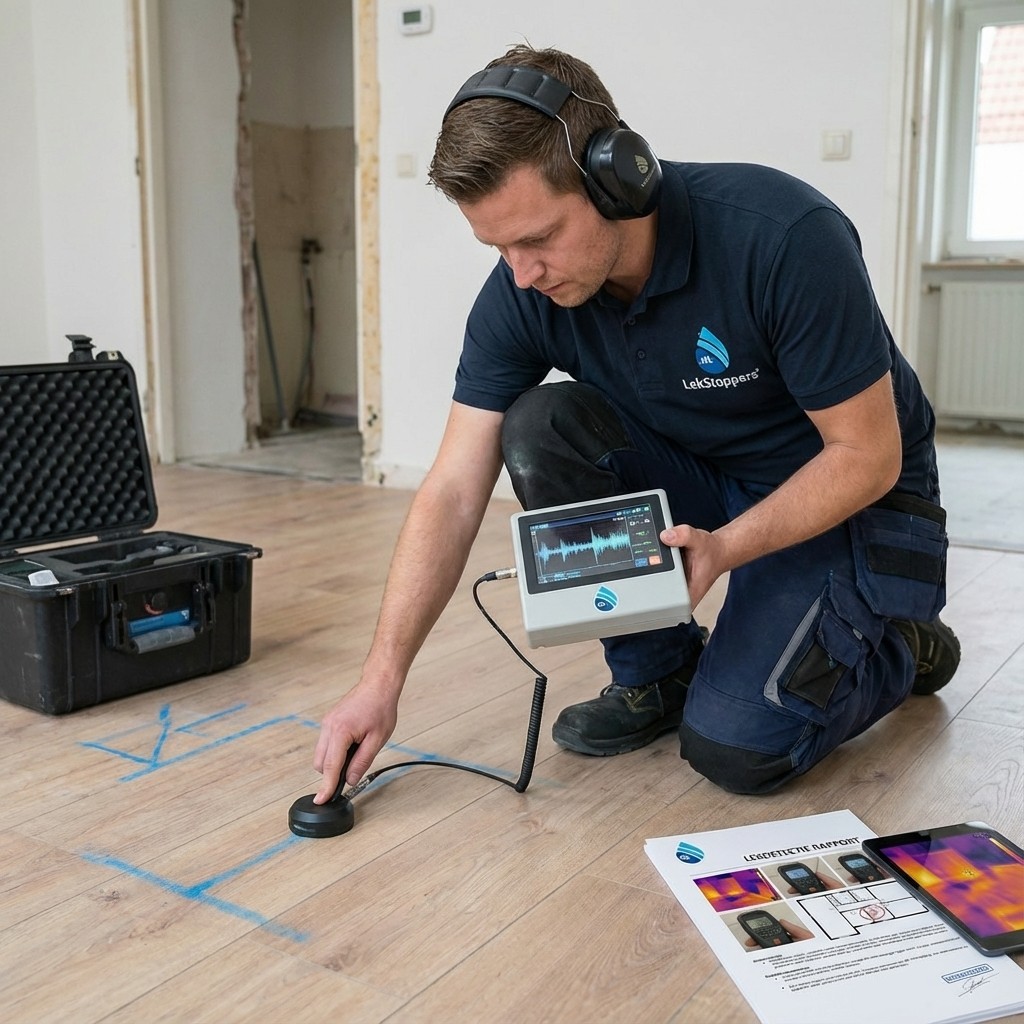 Op de foto zie je een lekdetectieservice waarbij een monteur met een draagbaar akoestisch meetsysteem en koptelefoon onder de vloer naar verborgen waterlekkages zoekt. Het hoofddoel is het snel en nauwkeurig lokaliseren van verborgen waterlekken zonder hakwerk. Dankzij de geavanceerde geluidsmeter, de robuuste transportkoffer en de digitale rapportage met thermografische beelden krijg je een betrouwbare analyse waarmee verdere waterschade wordt voorkomen.